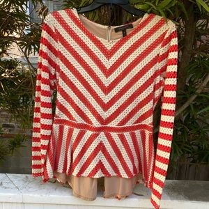 BCBG size large orange and ivory striped blouse with silver zipper